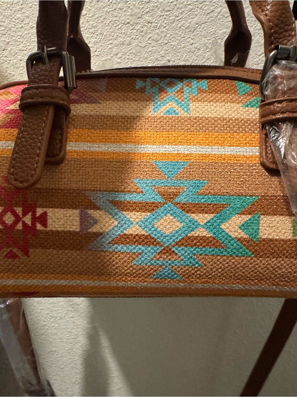 Wrangler Tan Crossbody with Turquoise & Pink Aztec Accent - Picture 3 of 13